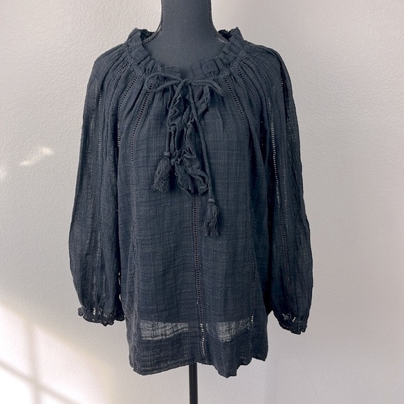 Sundance Artists Top Black Cotton Lace Ruffle V-Neck Tie Long Sleeve Tunic L - Picture 1 of 10